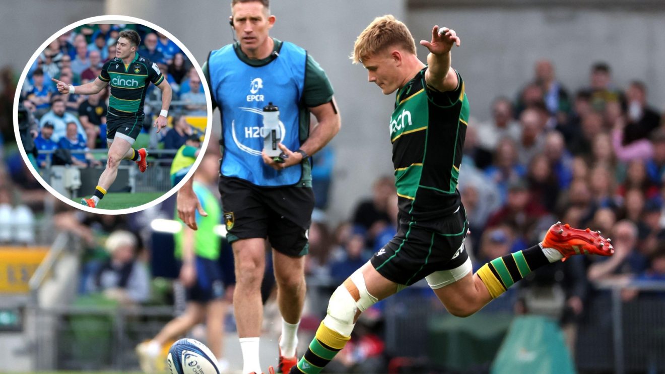 Northampton Saints Fin Smith lines up a kick in the Challenge Cup semi-final against Leinster