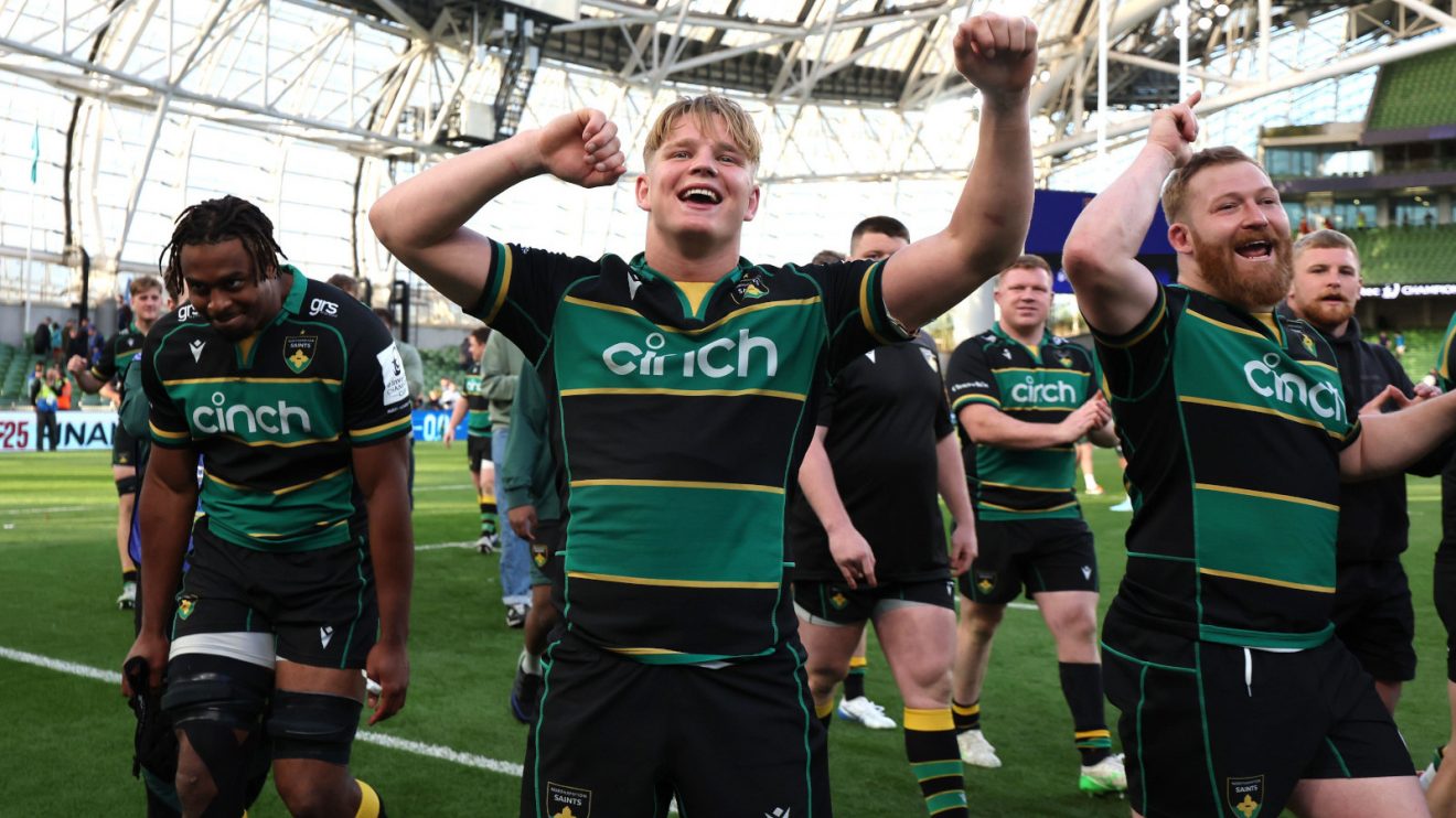 Henry Pollock celebrates after Northampton Saints win Champions Cup semi-final.
