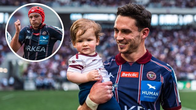 Joey Carbery of Bordeaux celebrates reaching champions cup final