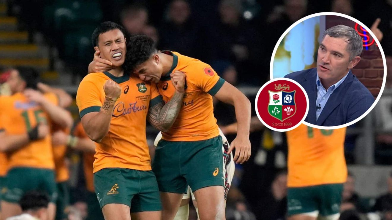 Wallabies Len Ikitau and Joseph Suaalii and an inset of former All Blacks fly-half Stephen Donald