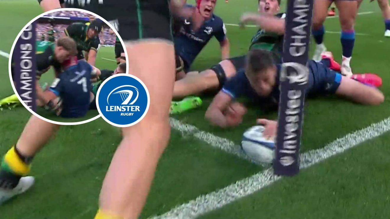 Leinster Ross Byrne dots the ball down during the Champions Cup semi-final and an inset of Northampton Saints' Alex Cole ripping the ball.