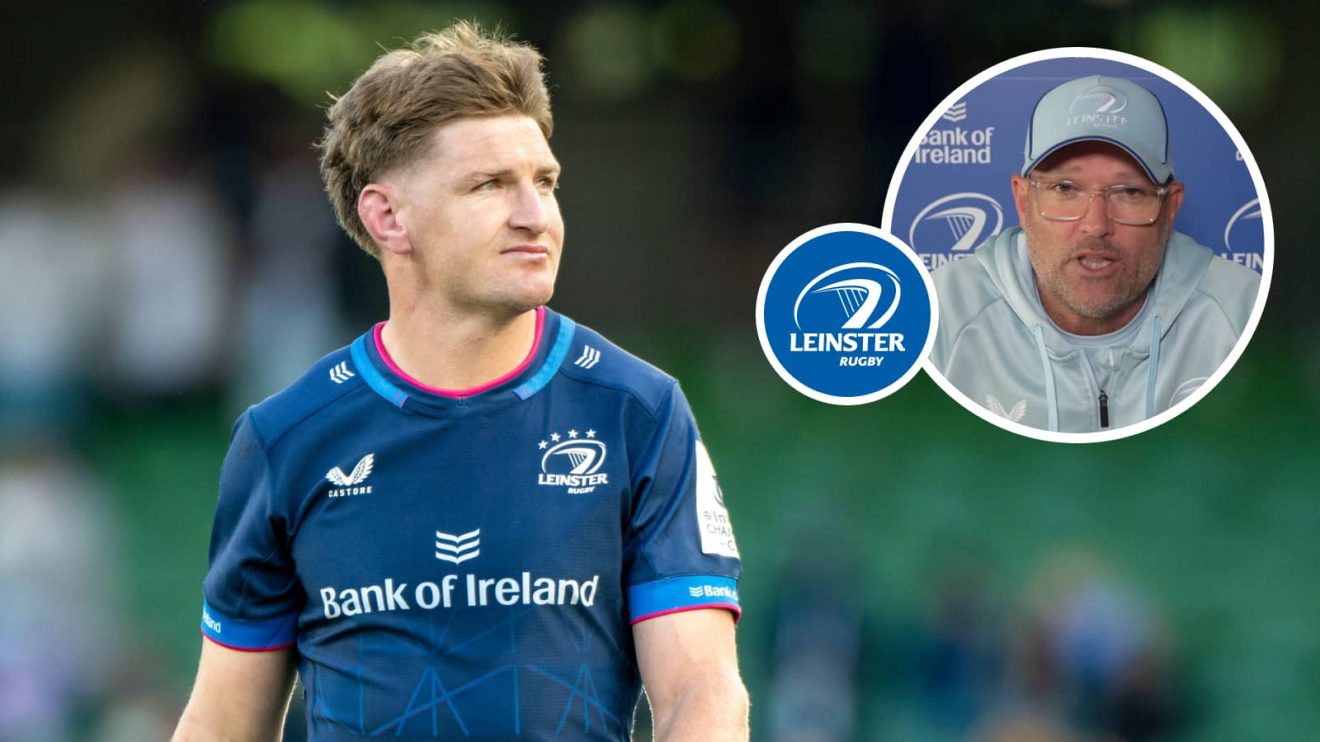 Leinster back Jordie Barrett and an inset of senior coach Jacques Nienaber.