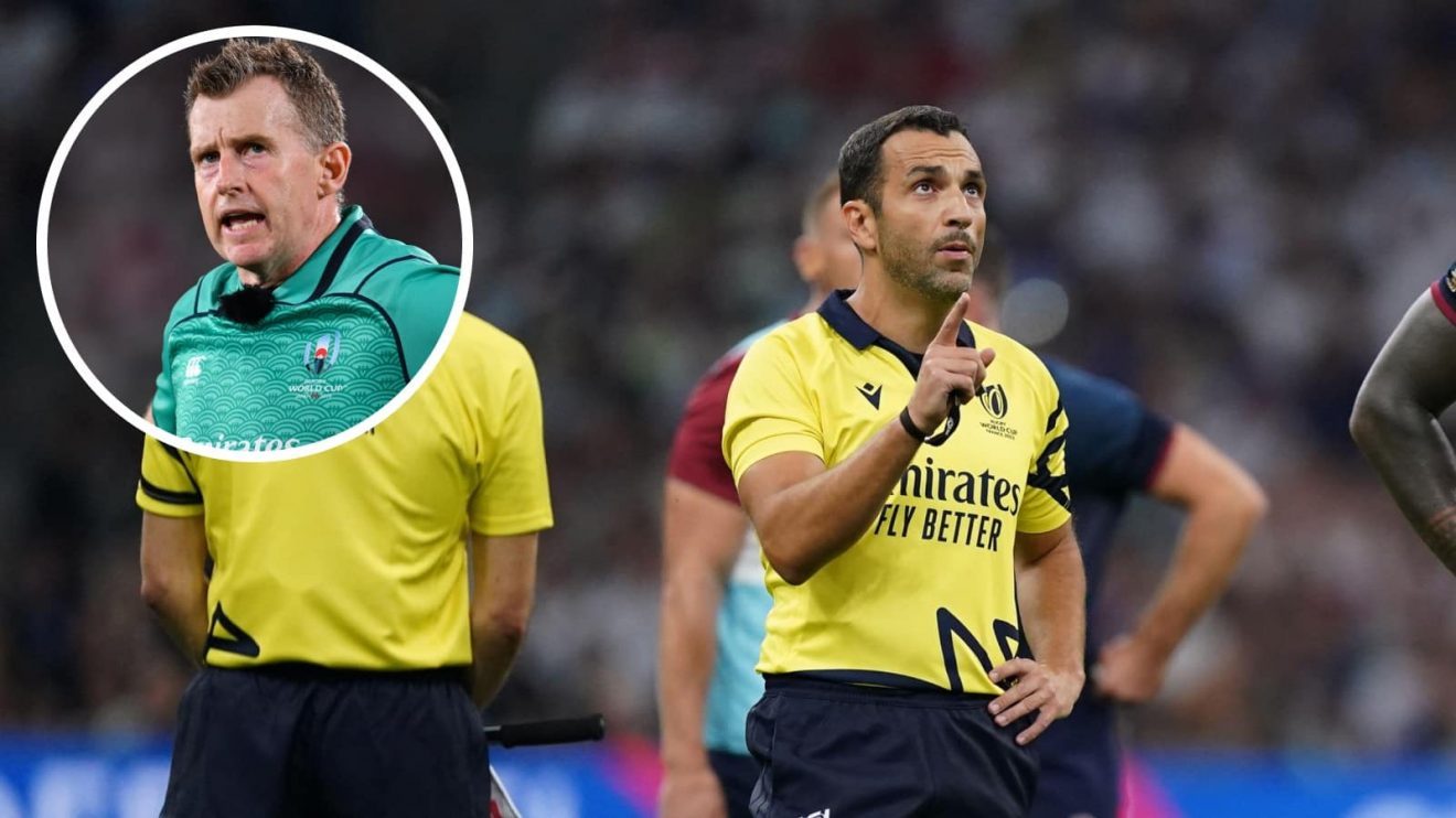 Referee Mathieu Raynal waits for TMO review during the 2023 Rugby World Cup and an inset of Nigel Owens.