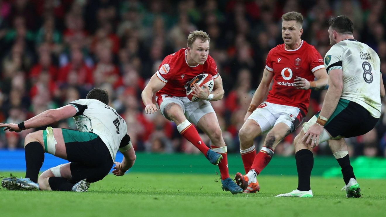 Wales winger Blair Murray carrying the ball into contact during the 2025 Six Nations