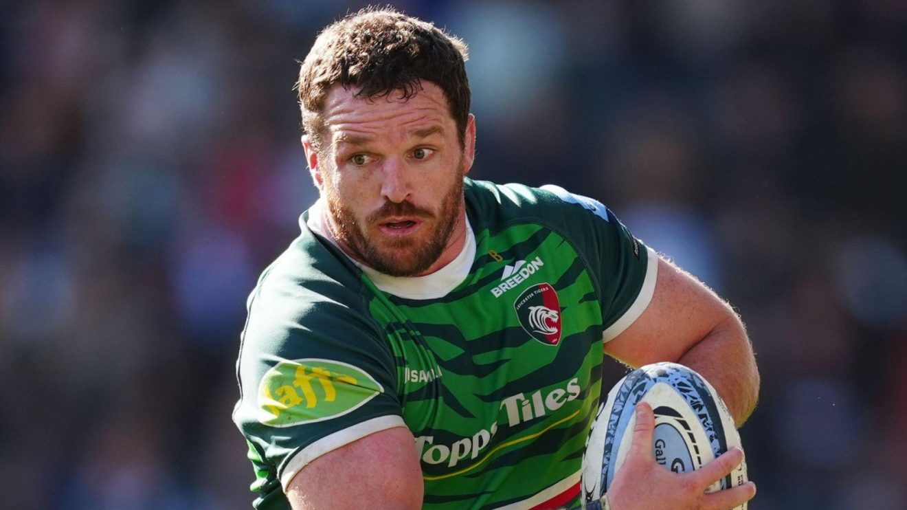Julian Montoya carrying the ball into contact for Leicester Tigers during a Premiership match