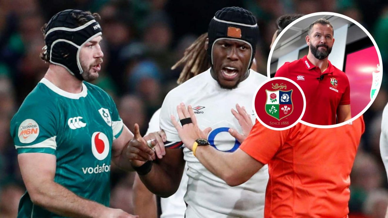 Caelan Doris and Maro Itoje during the Ireland v England Six Nations clash in 2025, and British & Irish Lions head coach Andy Farrell (inset).