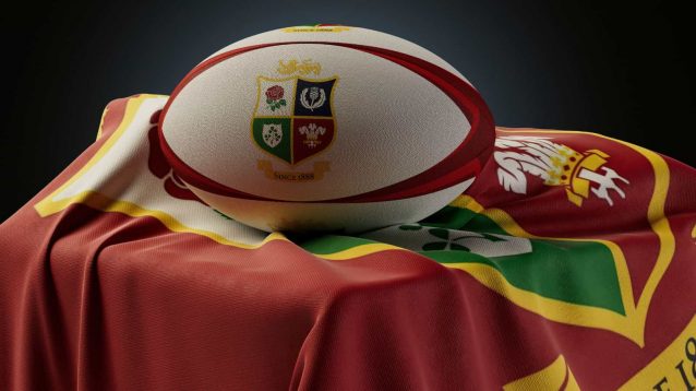 A 3D render of a rugby ball resting on a draped flag both imprinted with the Britsih And Irish Lions rugby logo