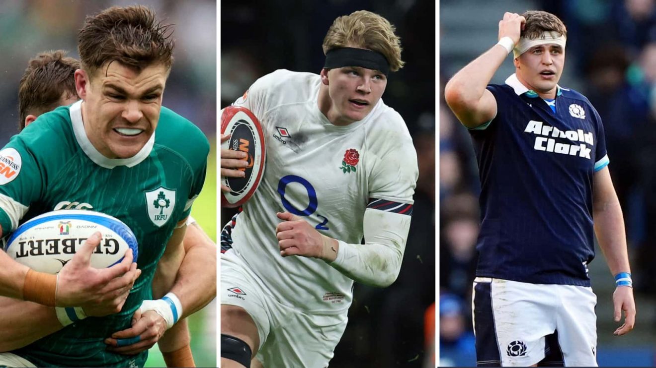 Garry Ringrose (left), Henry Pollock (centre) and Scott Cummings (right) in action for Ireland, England and Scotland respectively.