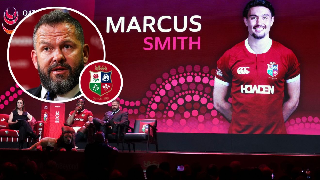 A picture of Marcus Smith being announced in the British and Irish Lions squad with an inset of Andy Farrell