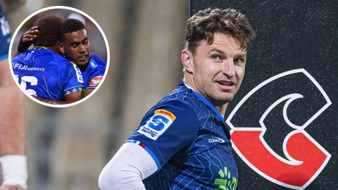 Blues playmaker Beauden Barrett and an inset of Fijian Drua players.