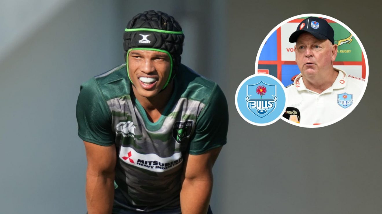 Kurt-Lee Arendse and an inset of Bulls boss Jake White.