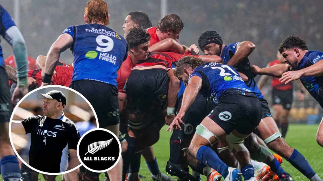 Crusaders and Blues forwards going to work in Super Rugby Pacific and All Blacks coach Jason Ryan (inset).