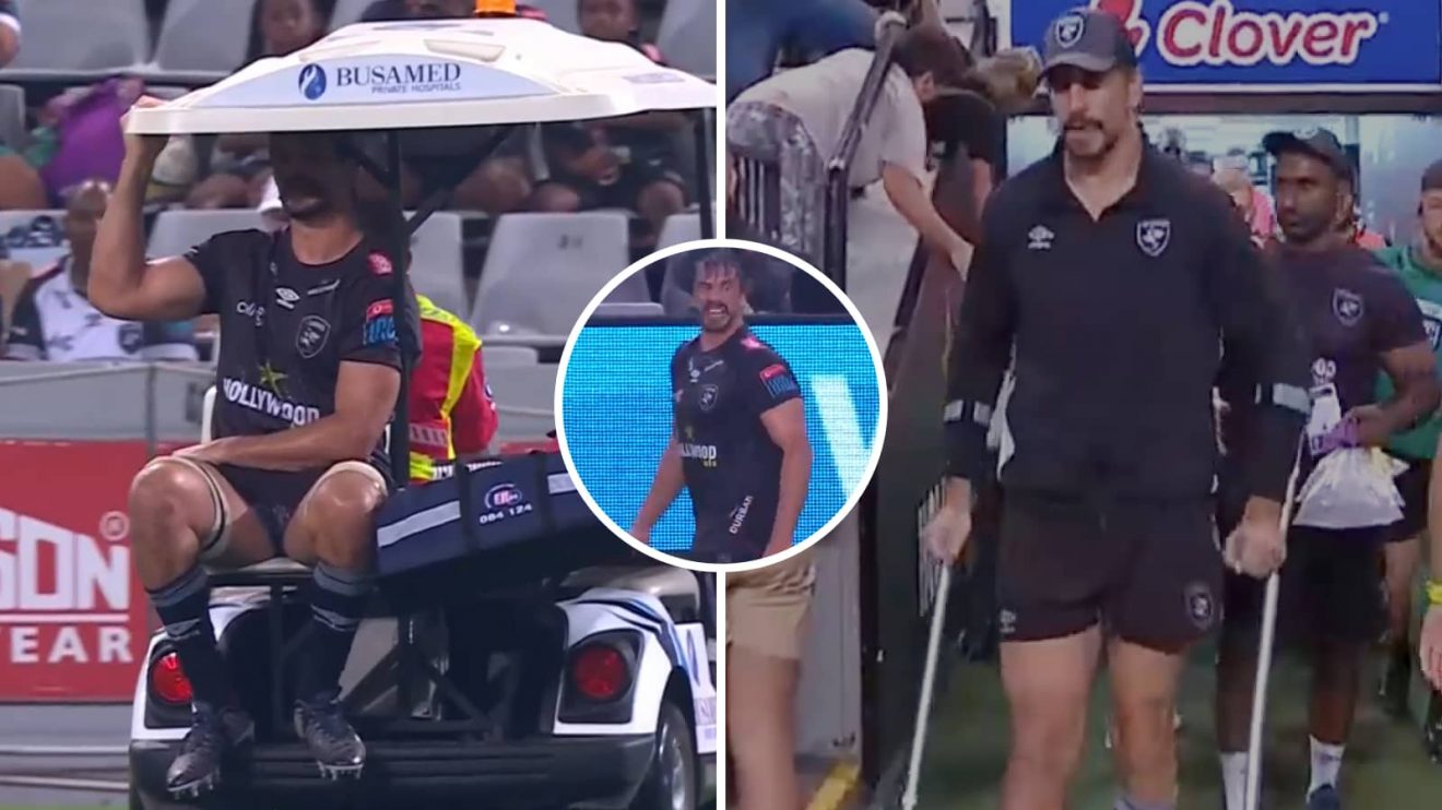 Eben Etzebeth seen on crutches (right) after being forced off injured (left) during the Sharks' URC clash against the Ospreys.