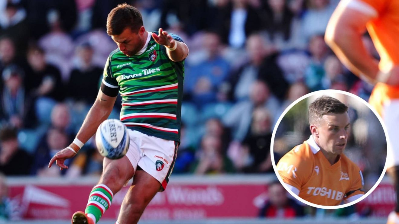 Handre Pollard kicking for Leicester Tigers and Sale Sharks fly-half George Ford (inset).