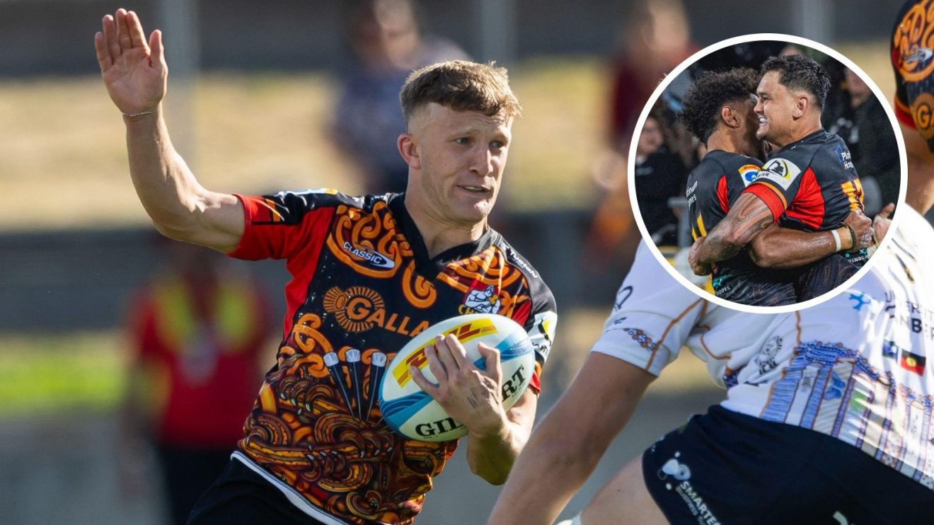 A two layered image of Damian McKenzie and an inset of two Chiefs players