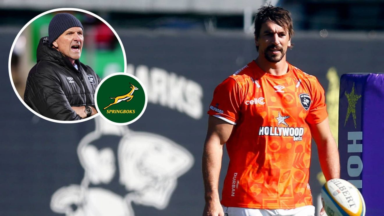 Springboks second-row Eben Etzebeth and his head coach at the Sharks, John Plumtree (inset).
