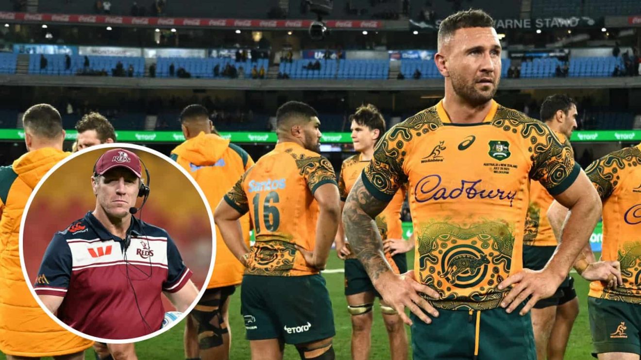 Quade Cooper in action for the Wallabies and Brad Thorn while in charge of the Reds (inset).