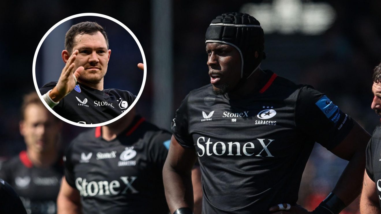 A two layered image of Maro Itoje and Alex Goode