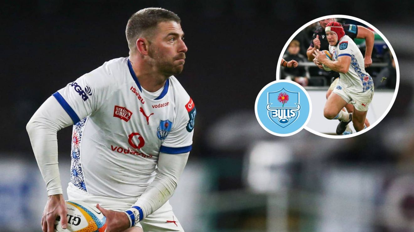 Willie le Roux and Johan Grobbelaar (inset) in action for the Bulls during 2024/25 season.