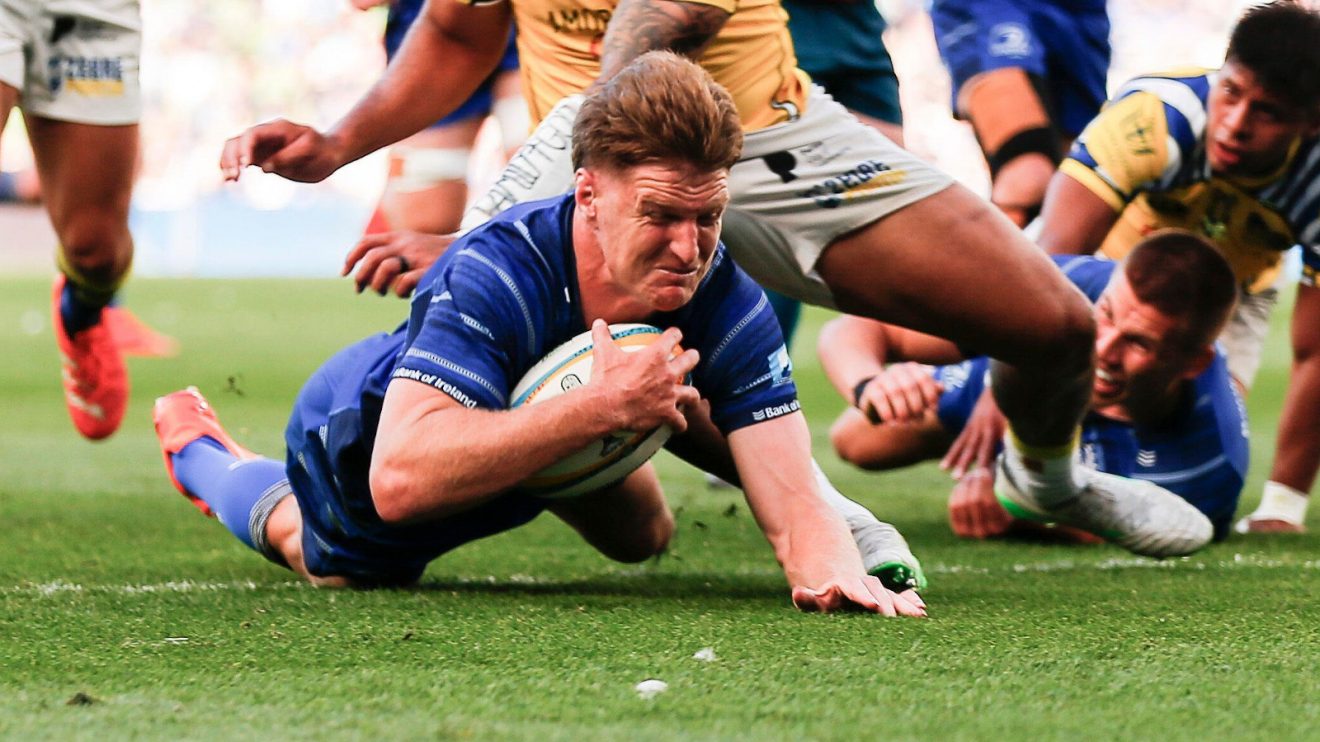 Jordie Barrett crossing for Leinster against Zebre Parma.