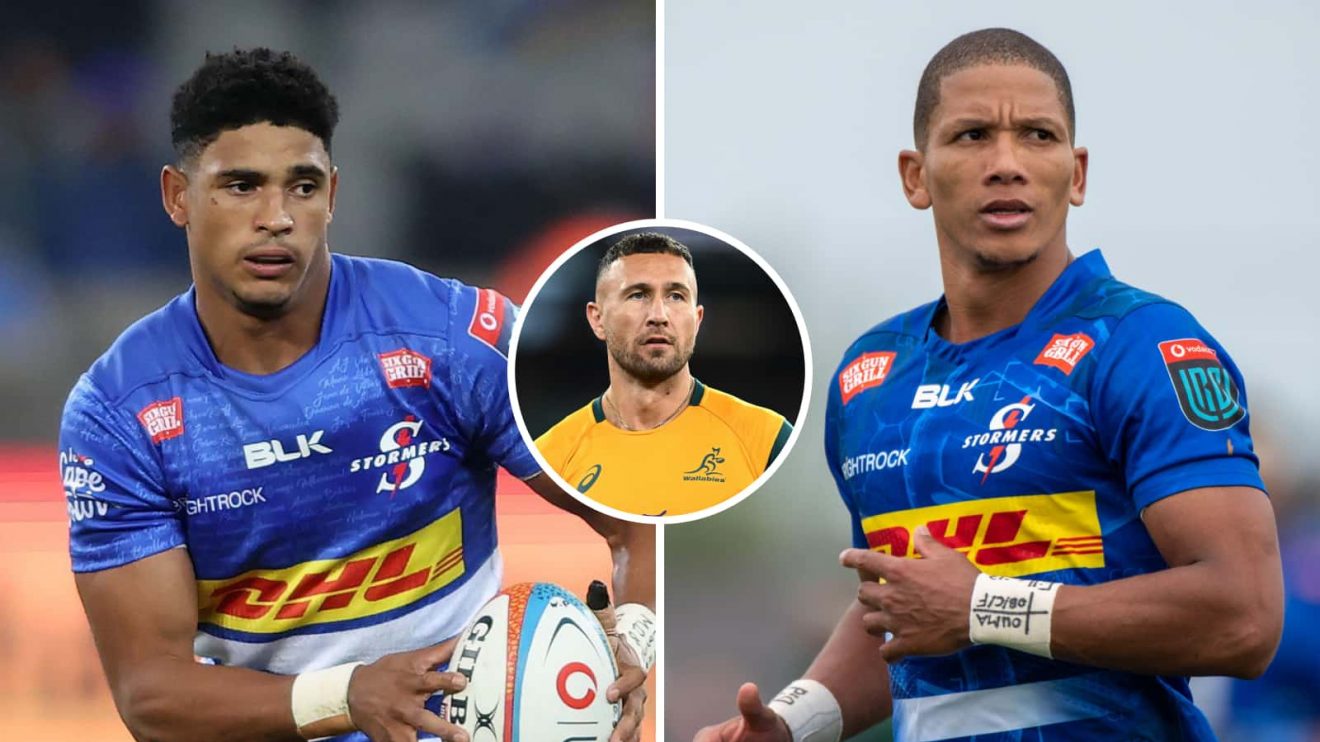 Stormers backs Sacha Feinberg-Mngomezulu and Manie Libbok and an inset of Quade Cooper.