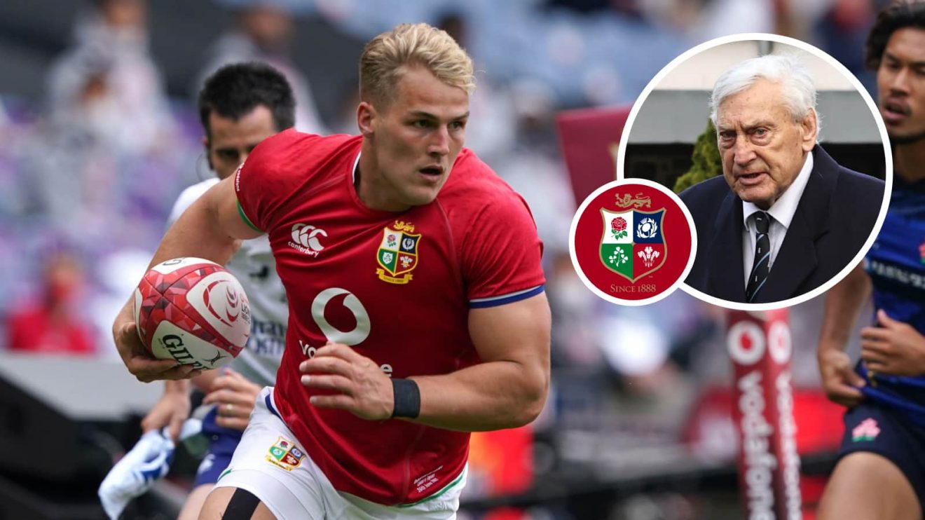 Duhan van der Merwe and an inset of British and Irish Lions legend Willie John McBride.