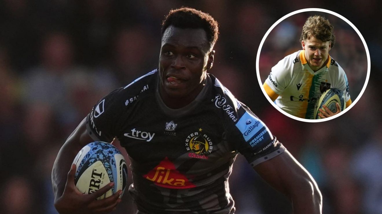 Exeter winger Paul Brown-Bampoe and Saints back Jake Garside.