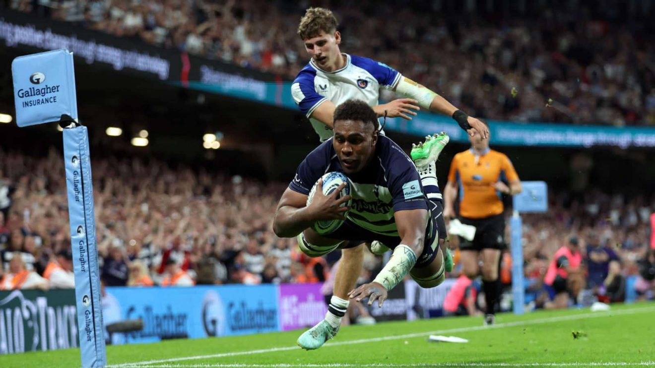 Bristol Bears' Viliame Mata scores a try during the Gallagher Premiership match at the Principality Stadium, Cardiff