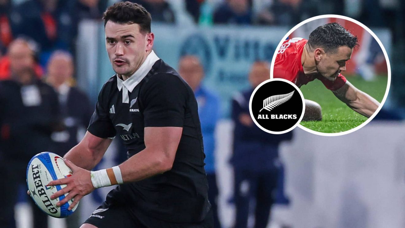 Will Jordan in action for the All Blacks and Crusaders (inset).