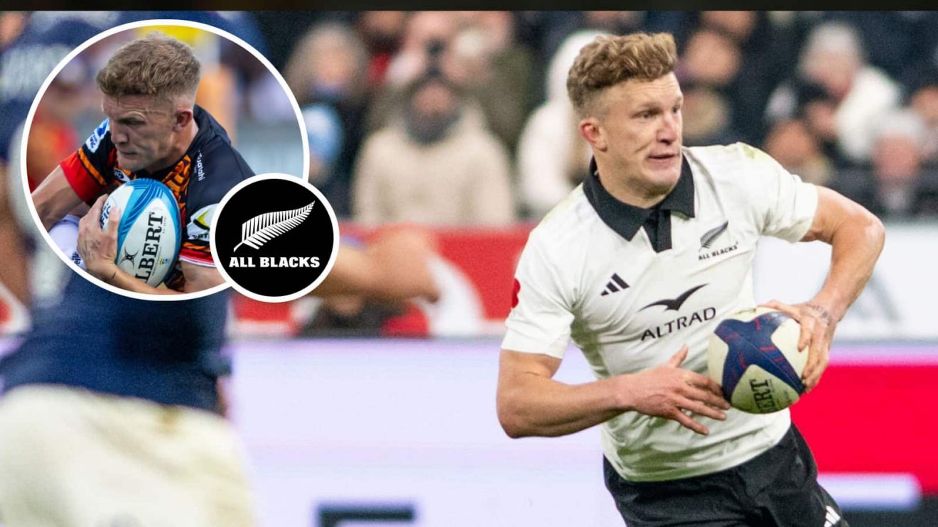 Playmaker Damian McKenzie in action for the All Blacks and the Chiefs (inset).