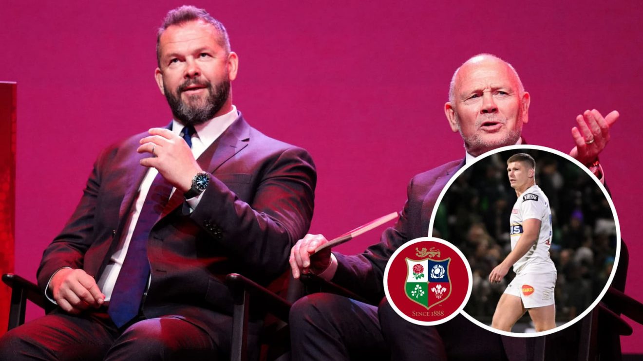 British and Irish Lions head coach Andy Farrell and chairman Ieuan Evans, and Racing 92 playmaker Owen Farrell (inset).