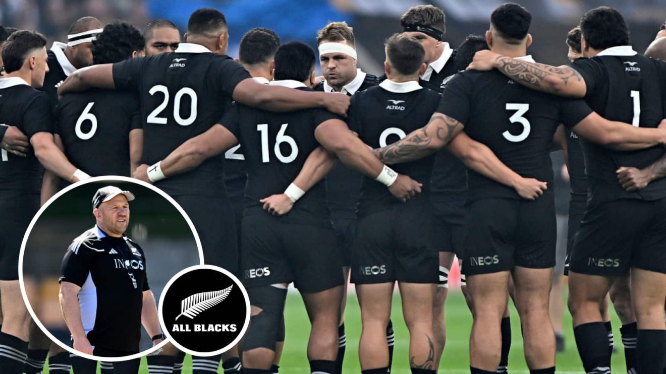 All Blacks team in a huddle during November Tests, and forwards coach Jason Ryan in training (inset).