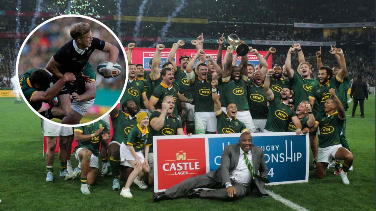 2024 Rugby Championship winners the Springboks and an inset of All Blacks playmaker Damian McKenzie.