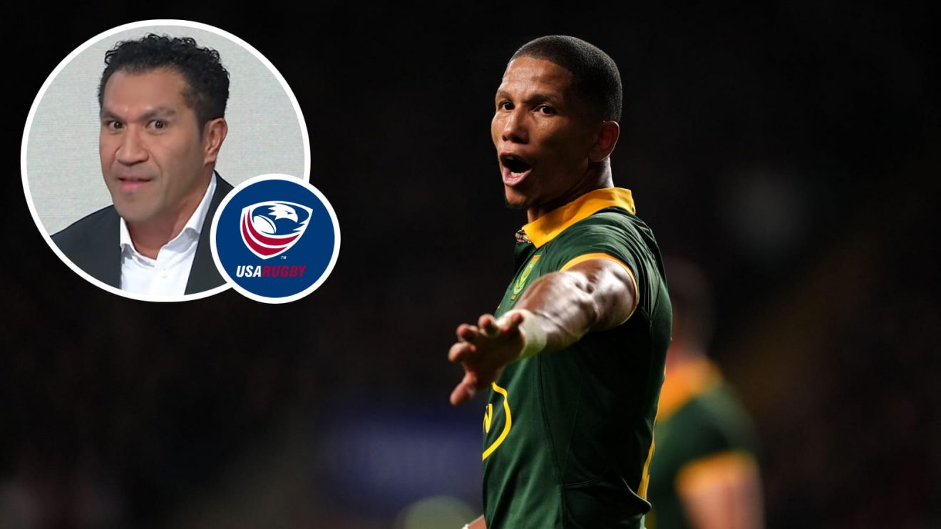 Springboks fly-half Manie Libbok and an inset of All Blacks great Mils Muliaina.