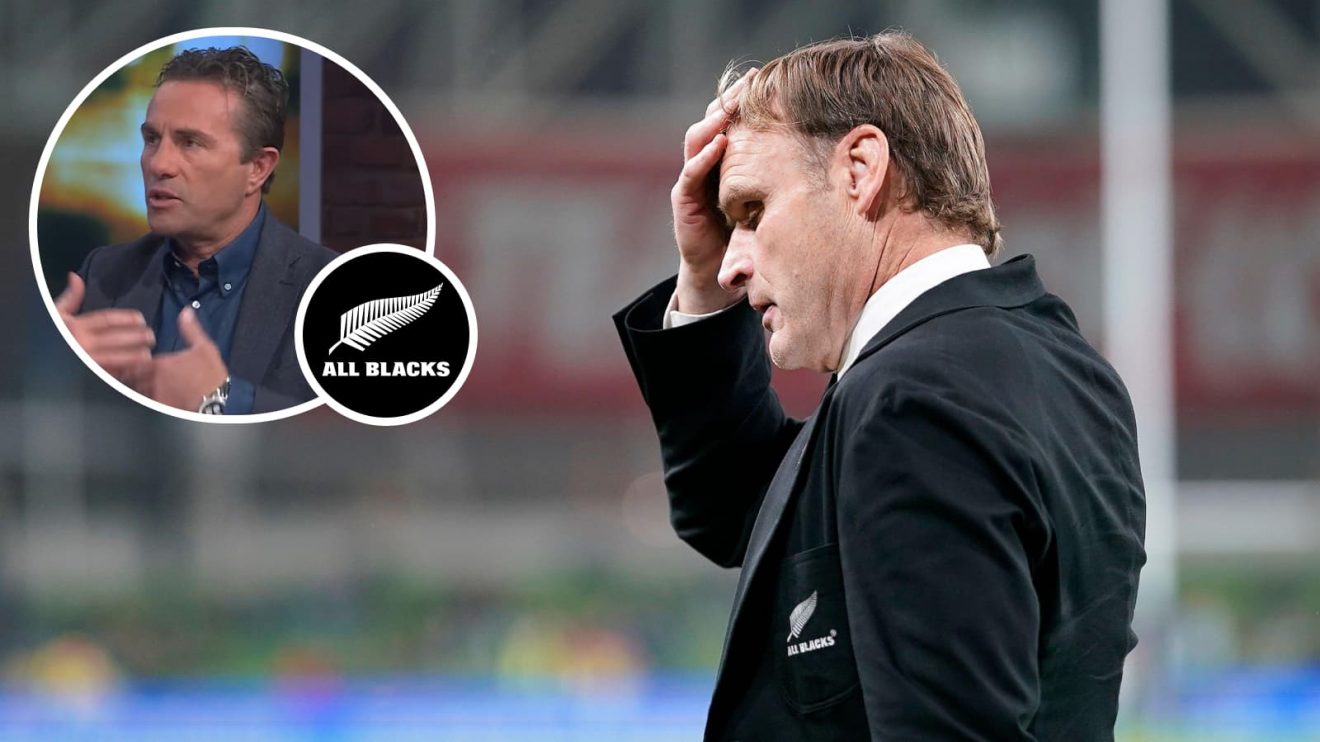 All Blacks head coach Scott Robertson and an inset of former scrum-half Justin Marshall.