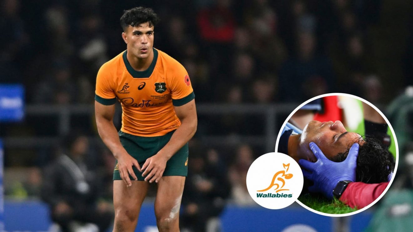 Joseph Suaalii in action for the Wallabies in 2024 and after suffering fractured jaw during Waratahs clash (inset).