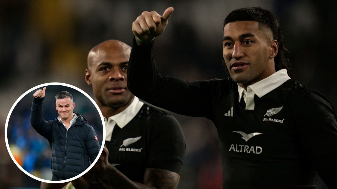 All Blacks centre Rieko Ioane and former Ireland and Leinster fly-half Johnny Sexton (inset) putting the thumbs up.