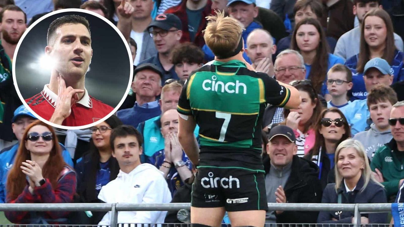 Northampton Saints star Henry Pollock and an inset of Manchester United defender Diogo Dalot.