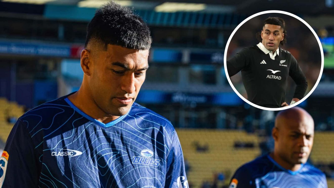 Rieko Ioane ahead of Blues Super Rugby Pacific clash and in action for the All Blacks in 2024 (inset).