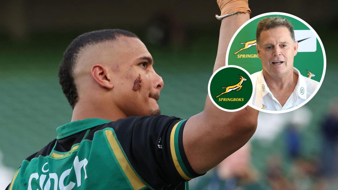 Juarno Augustus and an inset of Springboks boss Rassie Erasmus.