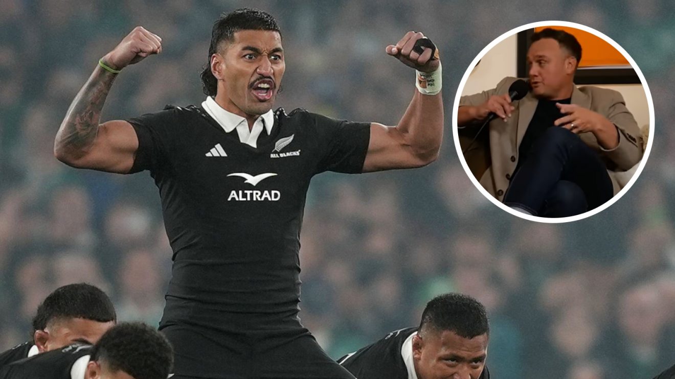 Rieko Ioane leading the haka against Ireland in 2024 and All Blacks great Israel Dagg (inset).