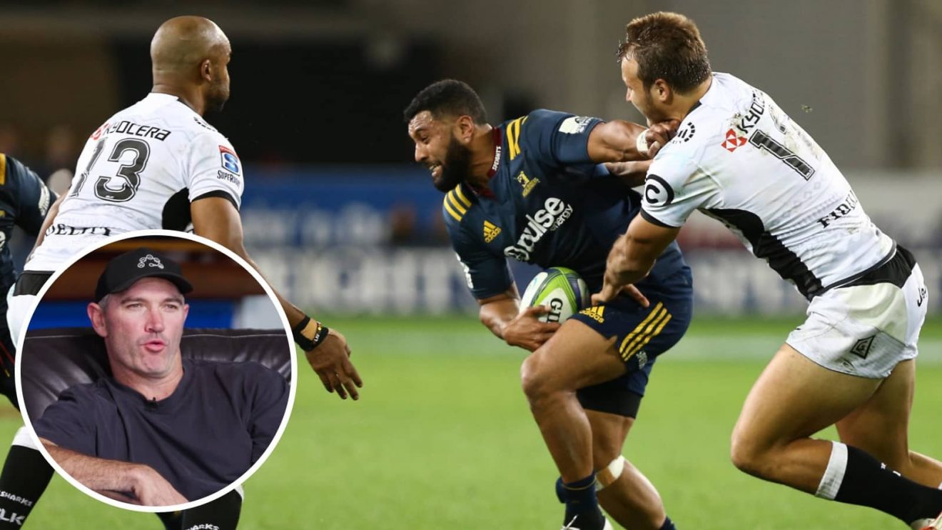 Sharks taking on the Highlanders in the old Super Rugby competition, and former All Black Stephen Donald (inset).