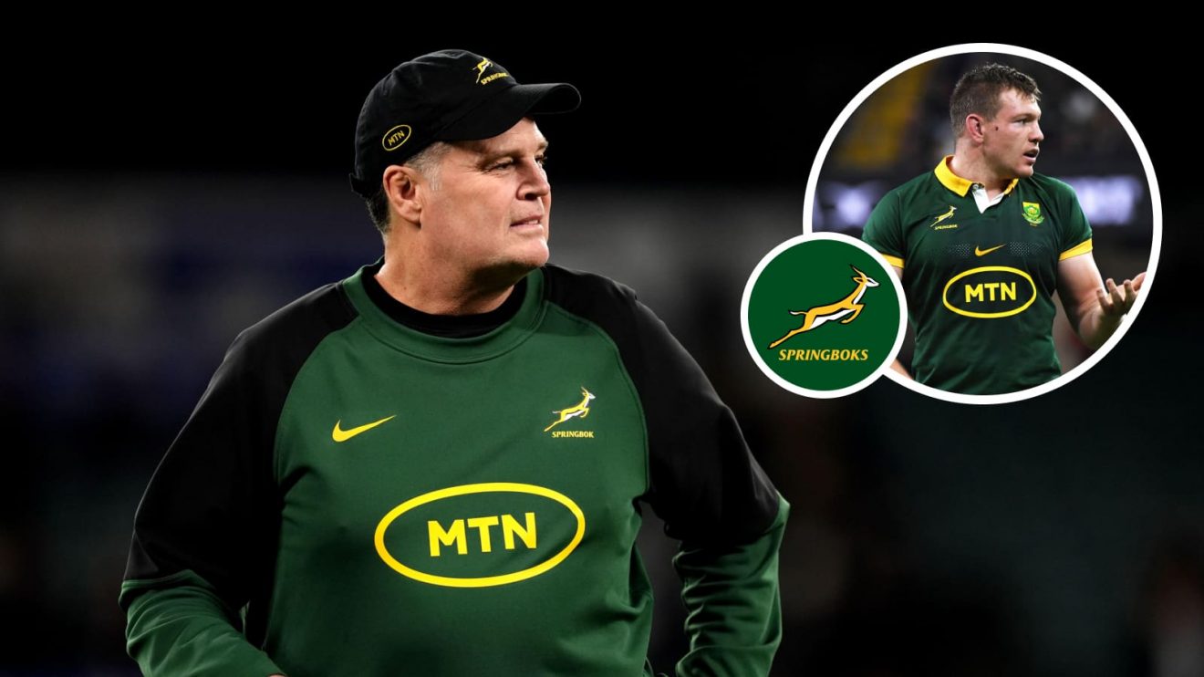 Springboks head coach Rassie Erasmus and an insert of Johan Grobbelaar.