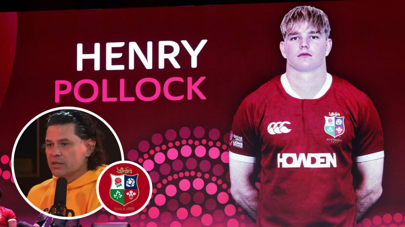 England flanker Henry Pollock being announced in the British and Irish Lions squad and former Wallabies hooker Jeremy Paul (inset).