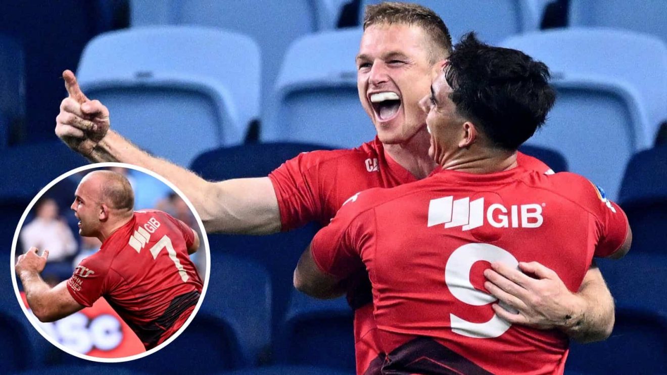Johnny McNicholl and Tom Christie (inset) celebrate scoring tries for Crusaders against Waratahs.