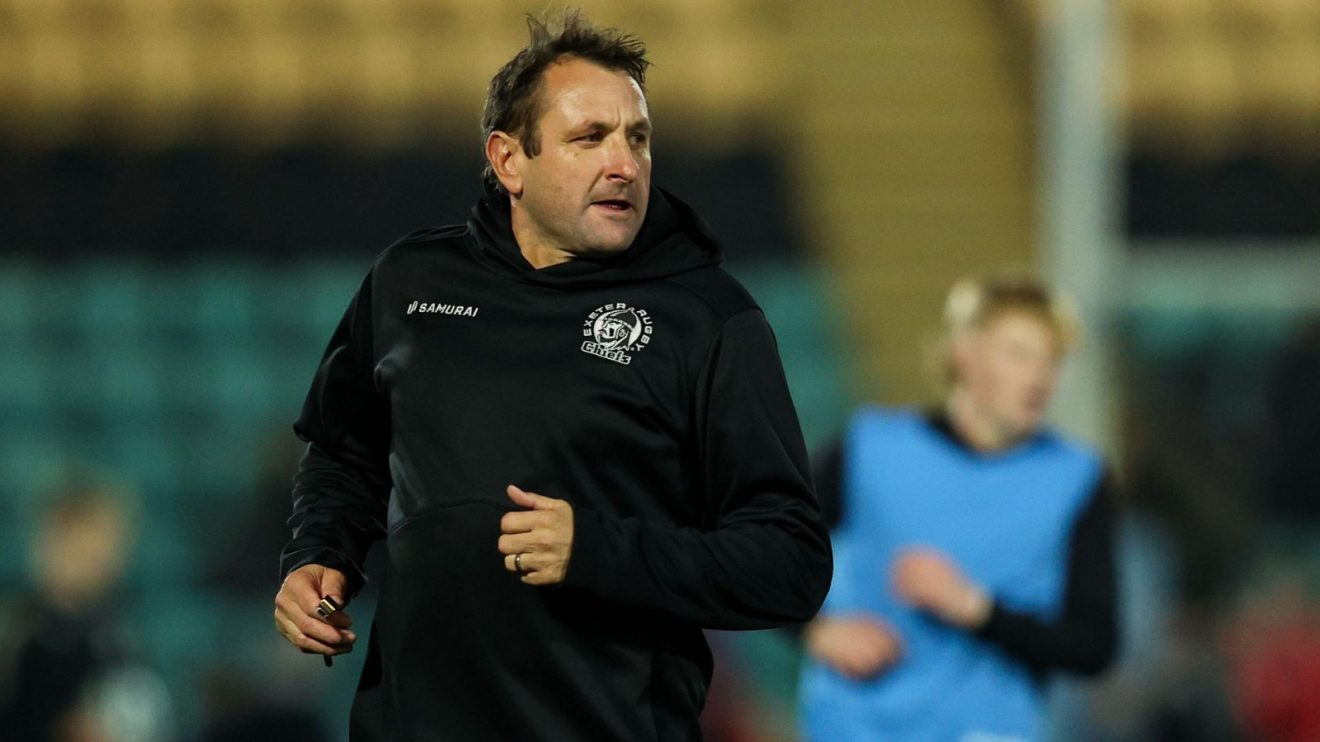 Exeter Chiefs head coach Ali Hepher during his side's warm up for a Premiership game