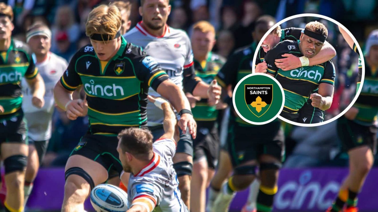 Henry Pollock in action against Saracens and Tarek Haffar celebrating the winning try (inset) in Premiership clash.