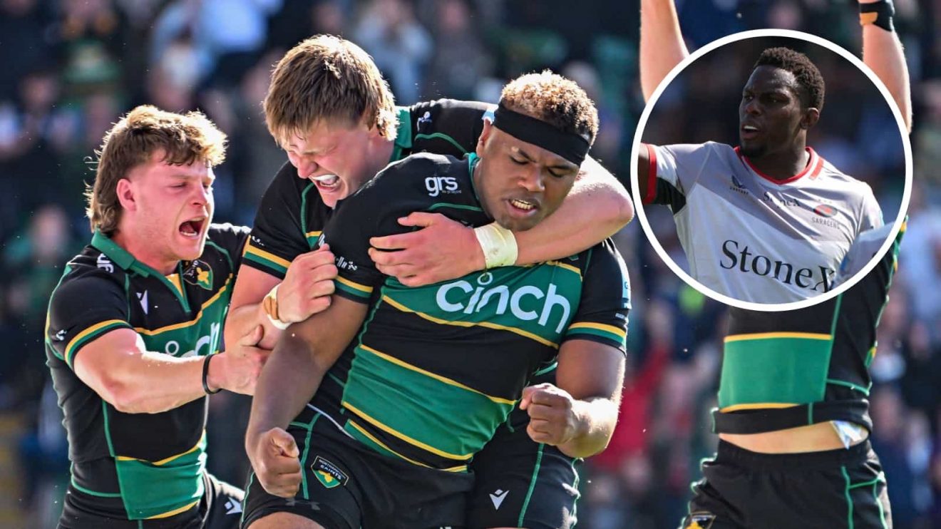 Prop Tarek Haffar of Northampton Saints celebrates with his team after scoring a try and an inset of Saracens captain Maro Itoje.