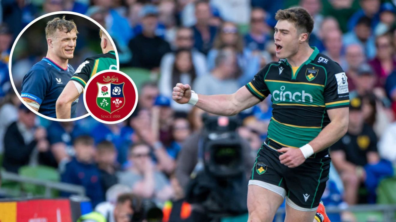 Tommy Freeman scoring for Northampton Saints against Leinster, and flanker Josh van der Flier during the same game (inset).