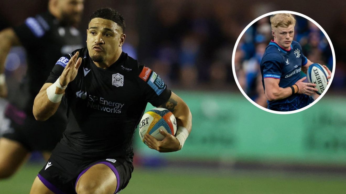 Glasgow Warriors centre Sione Tuipulotu and Leinster wing Tommy O'Brien (inset).